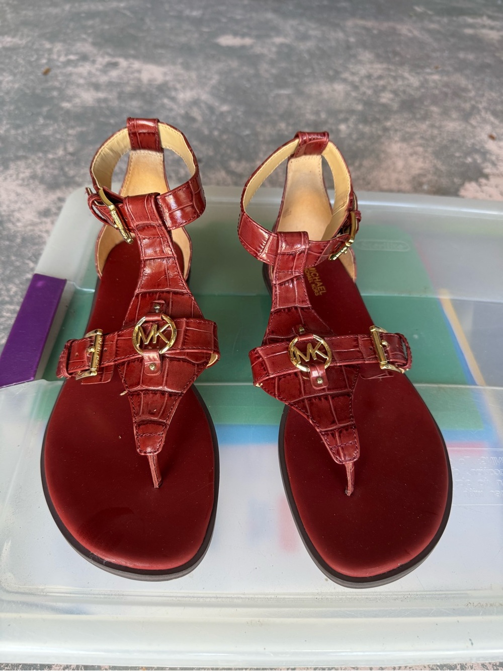 Michael Kors Red Croc-Embossed T-Strap Sandals with Gold MK Accents